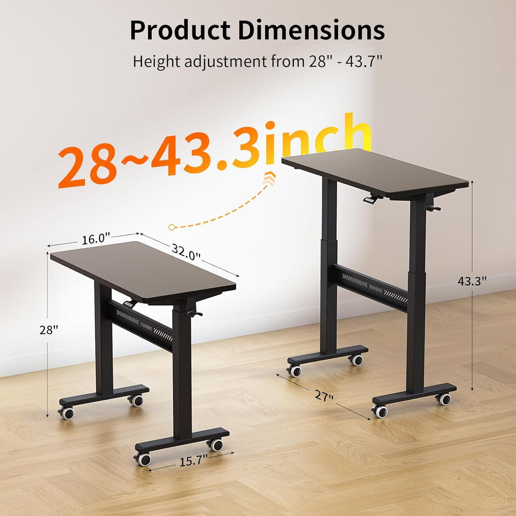 Mobile Walking Pad Desk with Wheels, Pneumatic Small Rolling Standing Desk Riser Height Adjustable (28-43.7") for Treadmill, Portable Computer Table for Home Office, Black