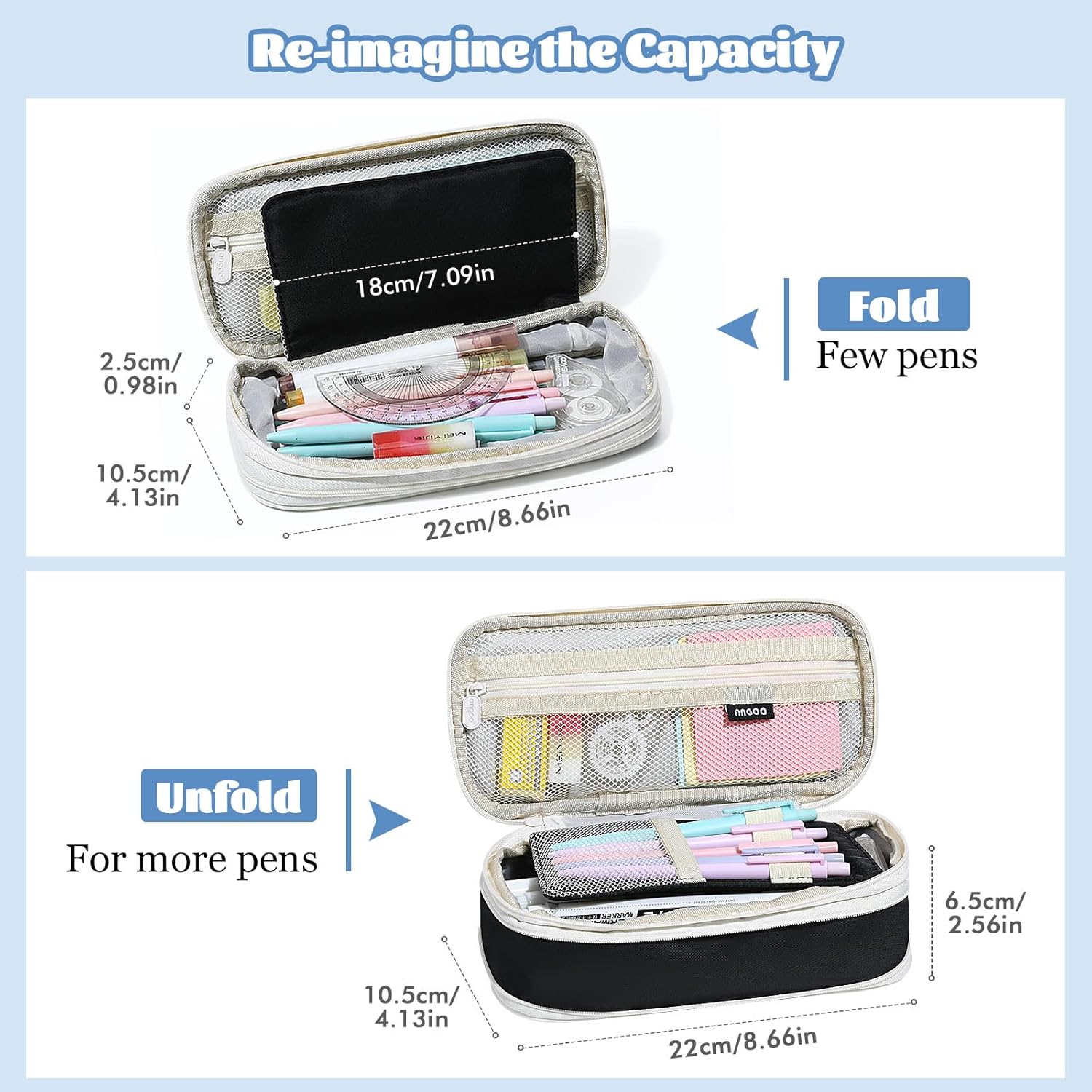 MoKo Large Capacity Pencil Case, Aesthetic Pencil Pouch Bag with Zipper, Cute Pen Case Stationery Organizer Holder for Office/School Supplies, Back to School Gift, Black