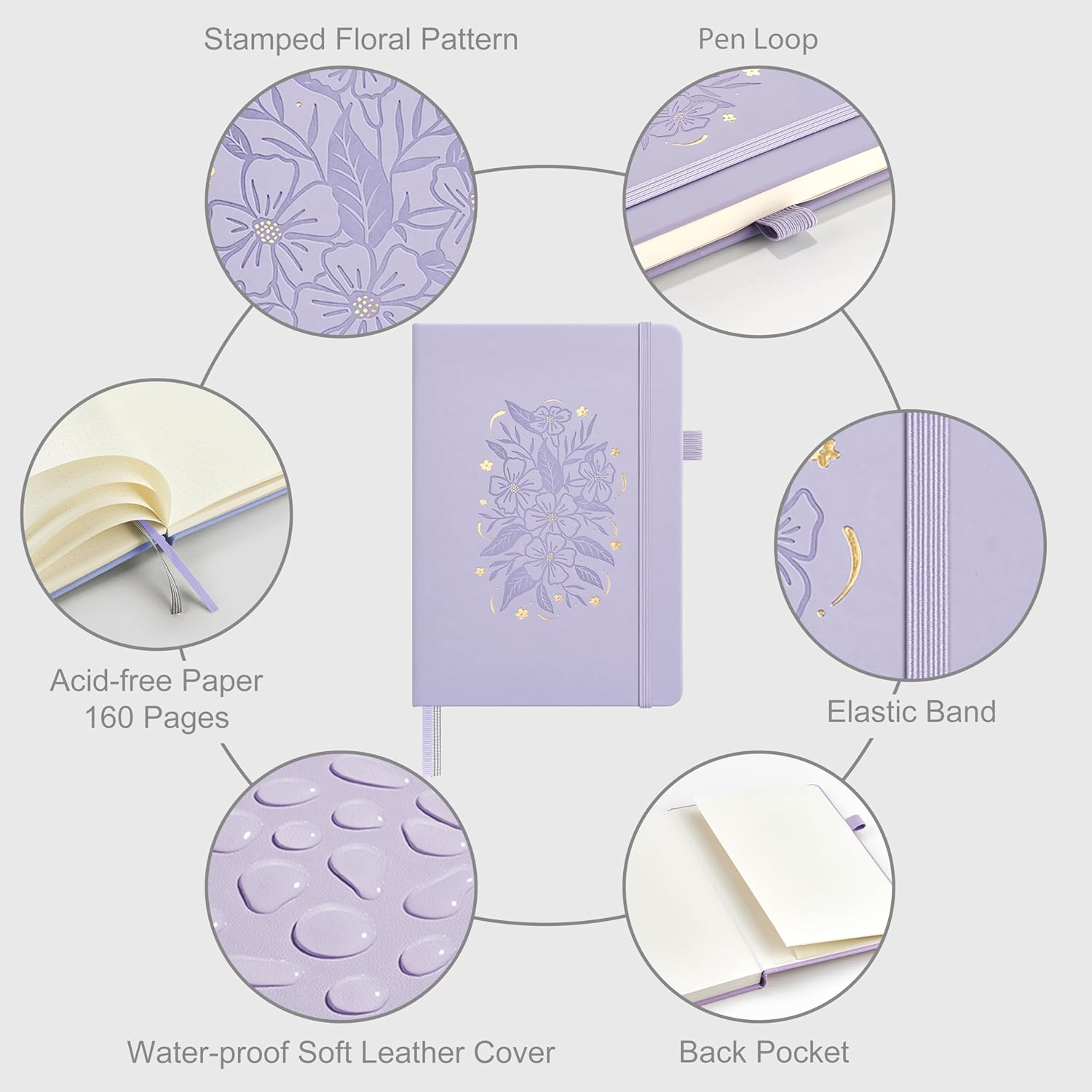 &And Per Se Dotted Journal Notebook for Women&Men with Pattern, A5 Leather Hardcover, 160 Pages 100GSM Thick Dotted Paper, 3 Sheets of Stickers Included(Lavender)