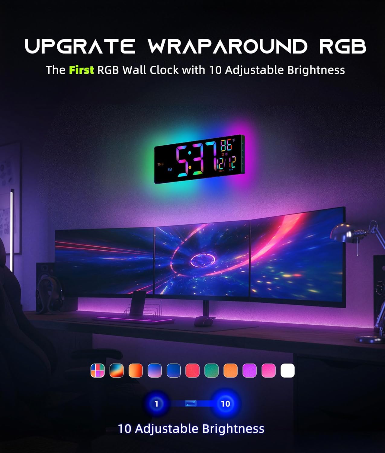 16.5" Large Digital Wall Clock with BT Sync, RGB Lights with 11 Scenes Mode Remote Control, Dual Alarms with Big LED Display, Auto DST, Temperature for Classroom Gaming