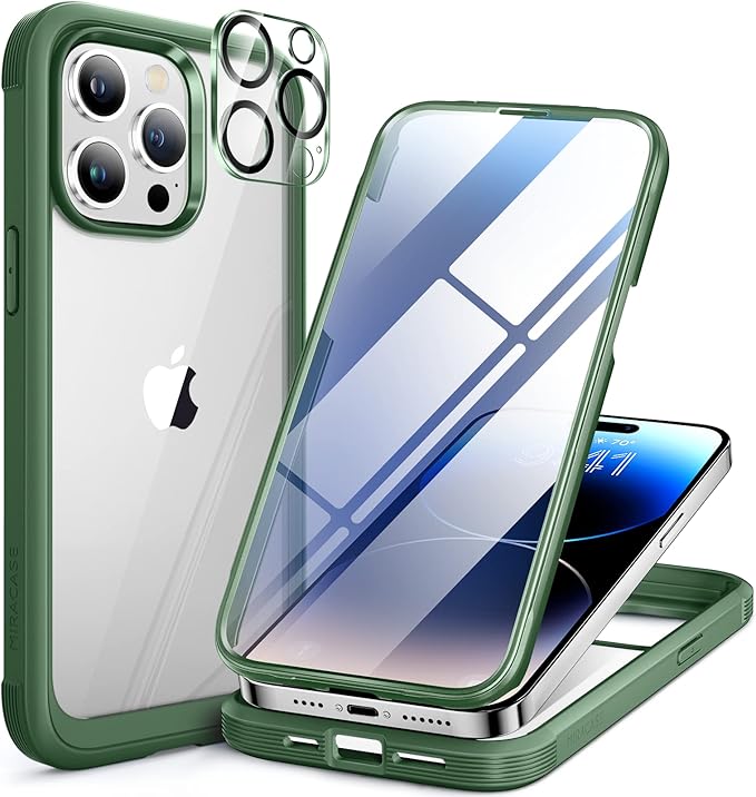 Miracase Glass Series for iPhone 14 Pro Case 6.1 Inch, Full-Body Clear Bumper Case with Built-in 9H Tempered Glass Screen Protector, with Camera Lens Protector, Acacia Green