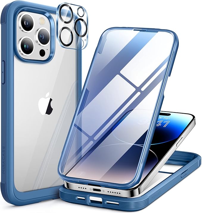 Miracase Glass Series Designed for iPhone 14 Pro Max Case 6.7 Inch, Upgrade Full-Body Bumper Case with Built-in 9H Tempered Glass Screen Protector, with Camera Lens Protector, Capri Blue