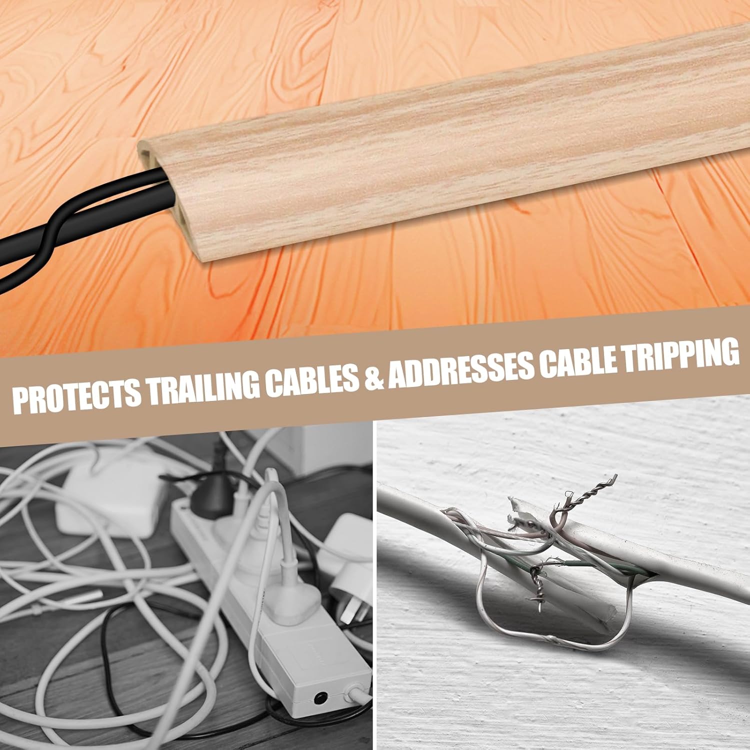 Floor Cord Cover Self Adhesive Cord Hider,10FT Cable Management, Extension Strip Protector for Wires, Prevent Cable Trips for Offices, Gyms, Exhibitions Cavity:0.51"(W) x 0.3"(H) WoodLightyellow