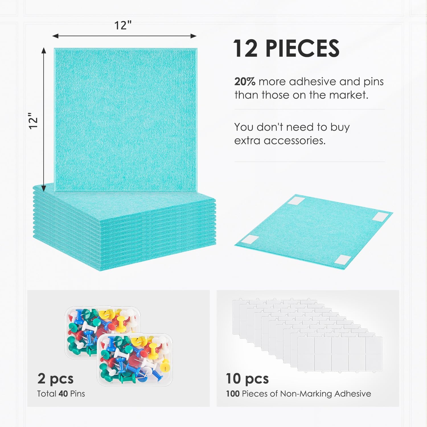 Cork Board for Wall,48"x36" 12 Pack Felt Wall Tiles with Safe Removable Adhesive Tabs, Bulletin Boards for Home Office Kitchen, Pin Board Notice Board for Photos, Memos, Baby Blue