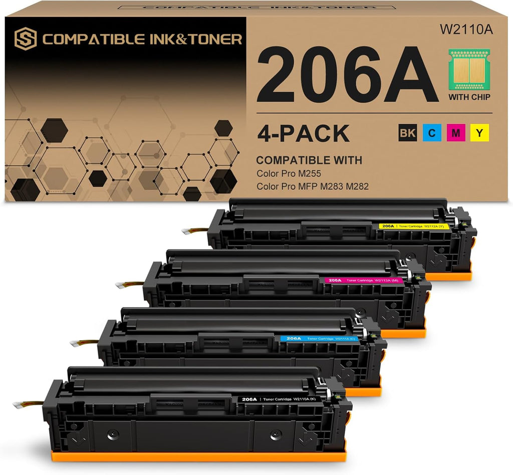 206A Toner Cartridges 4 Pack (with Chip) Works with HP Color Pro MFP M283fdw M283cdw, Pro M255dw M255nw, MFP M282nw M283 M282 M255 Printer | W2110A W2111A W2112A W2113A 206X W2110X