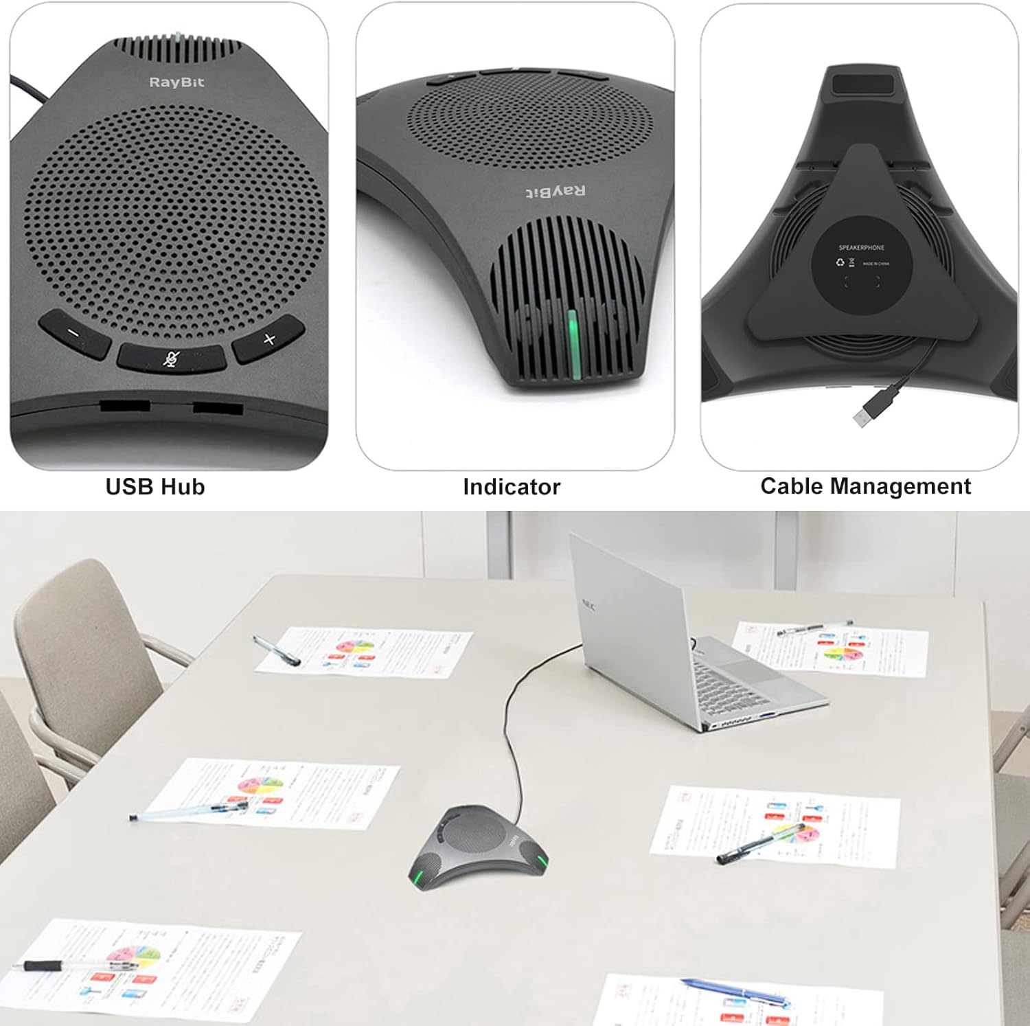 USB Speakerphone with Dual Hub - Conference Room Omnidirectional Microphone and Speaker, Computer Speakers with Microphone for Home Office, 360° Voice Pickup & Noise Reduction Mics for 8-10 People