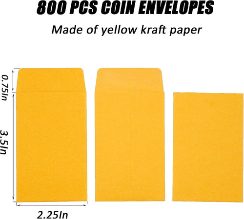 #1 800 Pcs Small Coin Envelopes 2.25" x 3.5" with Gummed Flap, Yellow Kraft Mini Envelopes for Storing Keys, Stamps, Seeds, Tips and Small Items (800)