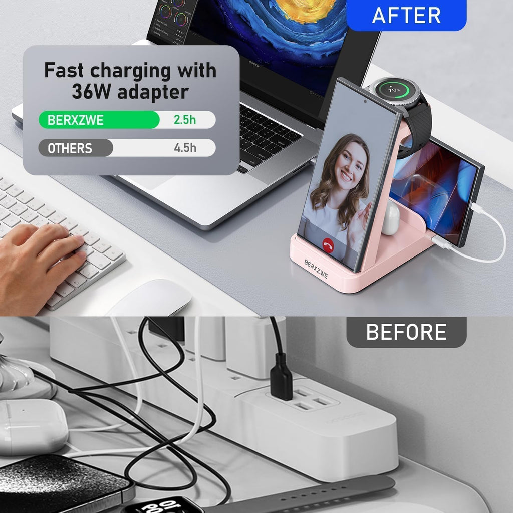 Wireless Charger for Samsung, 5 in 1 Wireless Charging Station for Samsung, Charger Dock Stand for Galaxy Watch Ultra 7 6 5 4 3, Galaxy S25 S24 Ultra S23 S22 S21, Note 20 10 Z Fold Buds, Pink