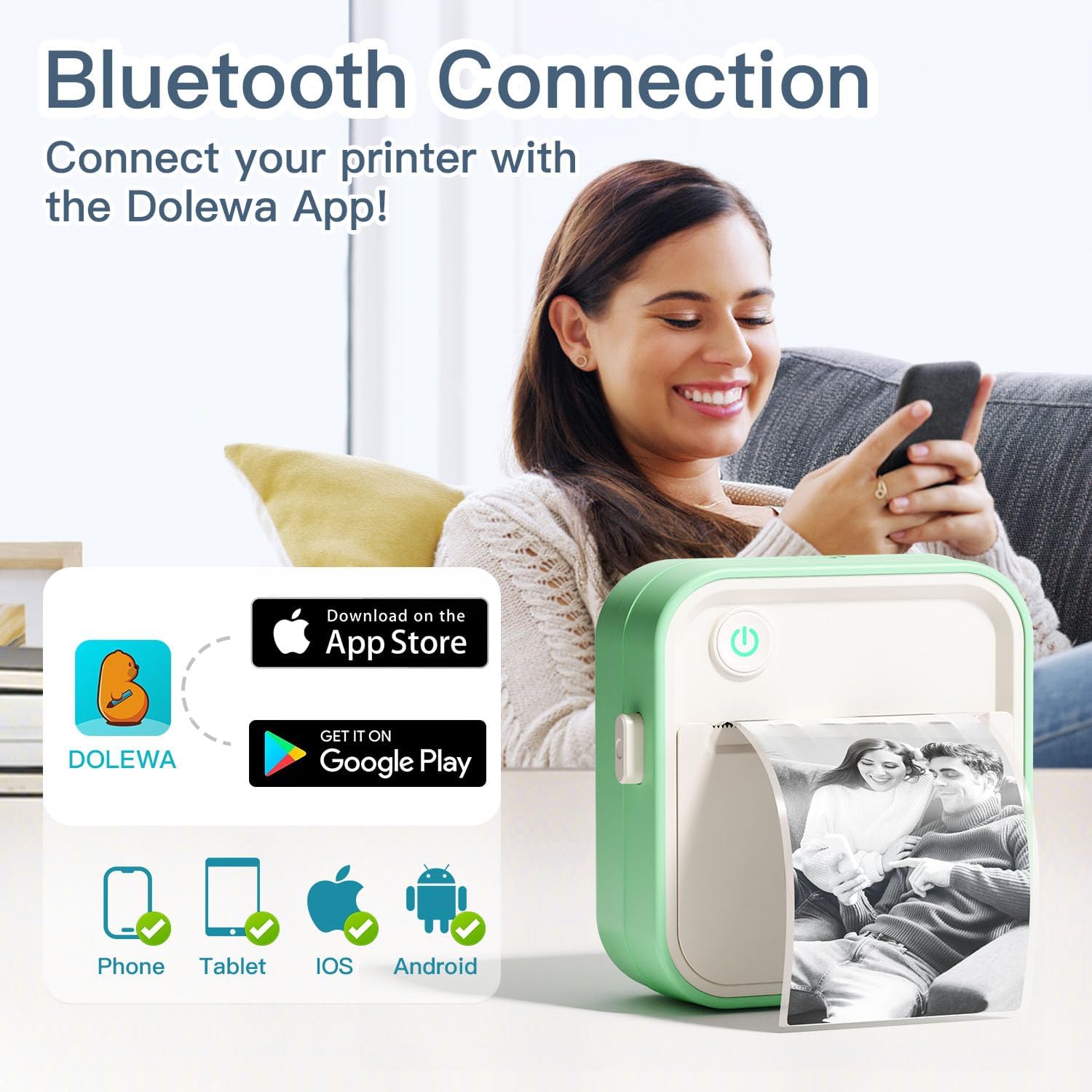 Label Maker Machine, HD Mini Sticker Printer with 7 Rolls Paper, Portable Thermal Print Pod Supports 12-57mm Papers,Bluetooth Pocket Printer for Home,Kitchen,School (Green)