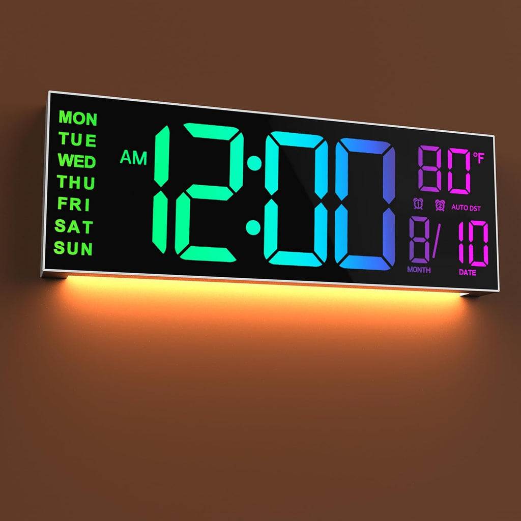 JALL 16" Large Digital Wall Mount Clock, Count Down Timer, Alarm, Big LED, 8 RGB Color, DST, Temperature for Living Room Classroom Desk, Xmas, Birthday Gift for Senior Mom Dad (White Shell, 16 inches)