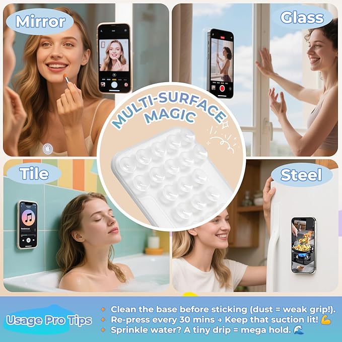 for MagSafe Suction Mount - 29 Silicone Suction Cup Phone Mount with Magnetic Phone Grip, for iPhone 12/13/14/15/16 Series, Hands-Free Sticky Grip for TikTok/Instagram, Transparent