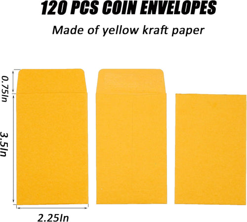 #1 120 Pcs Small Coin Envelopes 2.25" x 3.5" with Gummed Flap, Yellow Kraft Mini Envelopes for Storing Keys, Stamps, Seeds, Tips and Small Items (120)