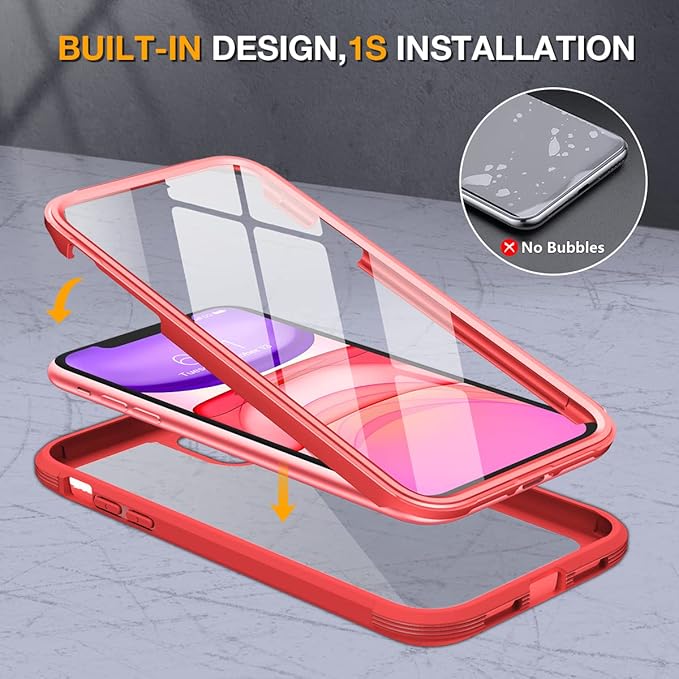 Miracase Glass Series for iPhone 11 Case 6.1 inch, Upgraded Full-Body Rugged Phone Bumper Case Cover with Built-in 9H Tempered Glass Screen Protector and Camera Protector, Red