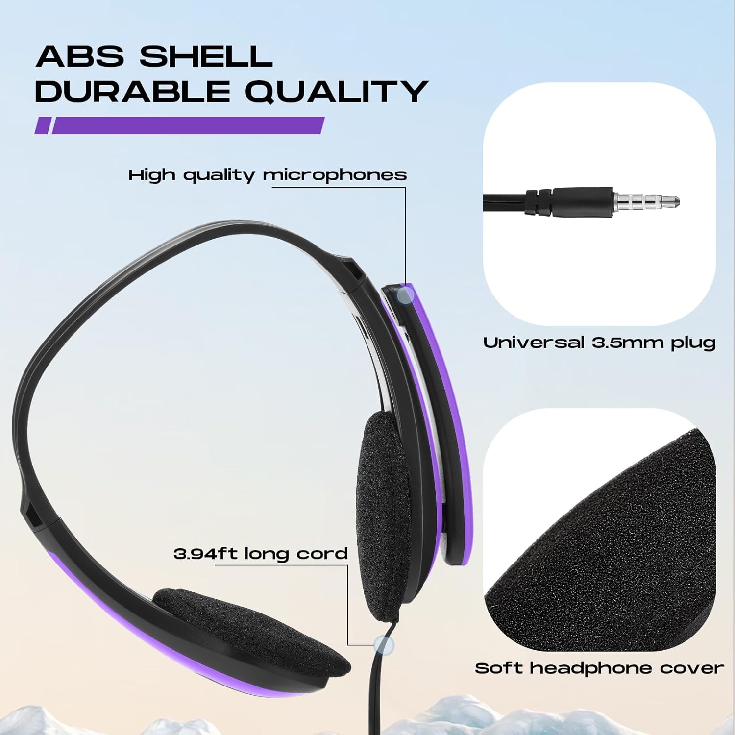 Yunsailing 20 Pack Bulk Classroom Headphones with Microphone Students Wired School Class Set Headphones for School Library Computer Office Adults 3.5 Jack Universal Plug (Purple)