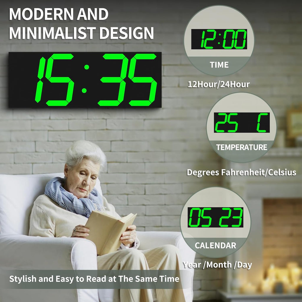 18.7in Large Digital Wall Clock,LED Digital Clock whih Big Number,Multi-Function Remote Controlled Wall Clock with Timer, Alarm and Calendar Display(Green)
