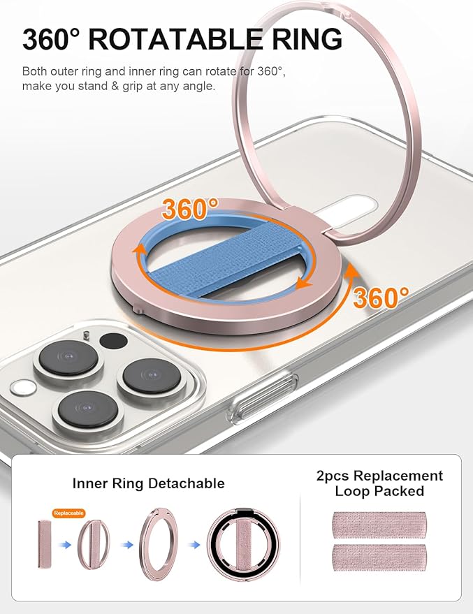 EWA MagOne Ultra Phone Grip Stand with Replaceable Elastic Finger Loop, Removable Magnetic Ring Holder Kickstand Loop, Double-Sided Magnetic Accessories for iPhone 16, 15, 14, 13 Pro/Max/Plus-Roseglod