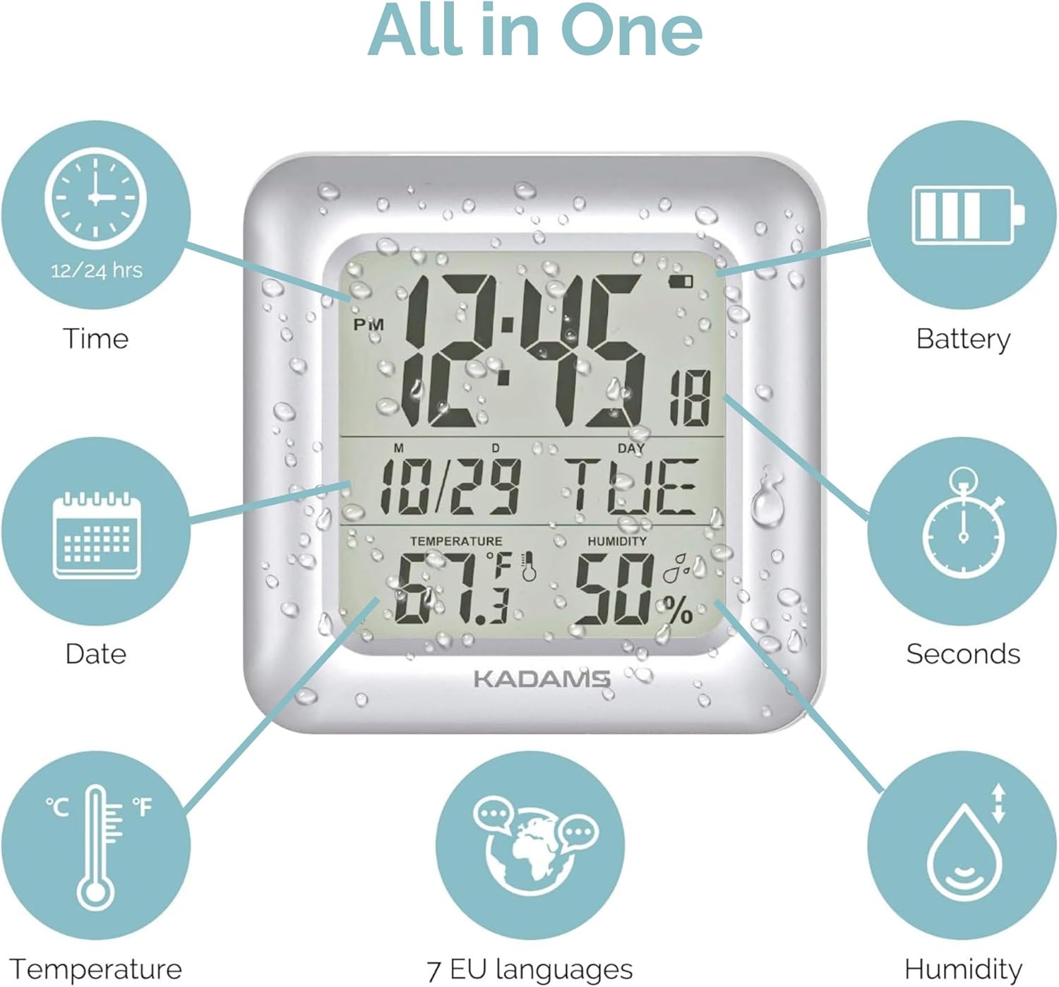 KADAMS Bathroom Clock 9.5" Kitchen Wall Clock with Large LCD Screen – Shower Clock with Suction Cup,Temperature, Humidity, Calendar – Water-Resistant, 4 Mounting Options, Silver