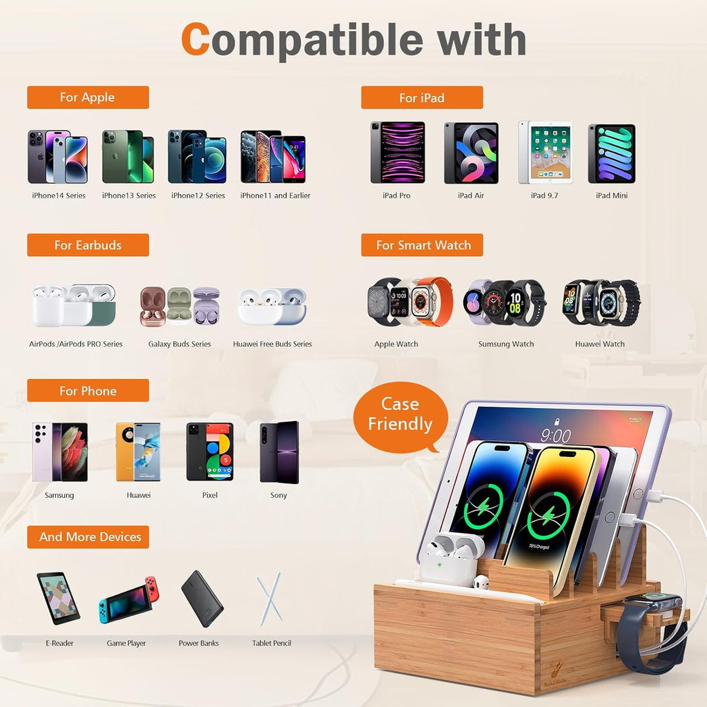 Pezin & Hulin Desktop USB Charging Station with Bamboo Charging Station, Desktop Charger Block, Compatible with Tablet, Cell Phone, Earbuds, Smartwatch