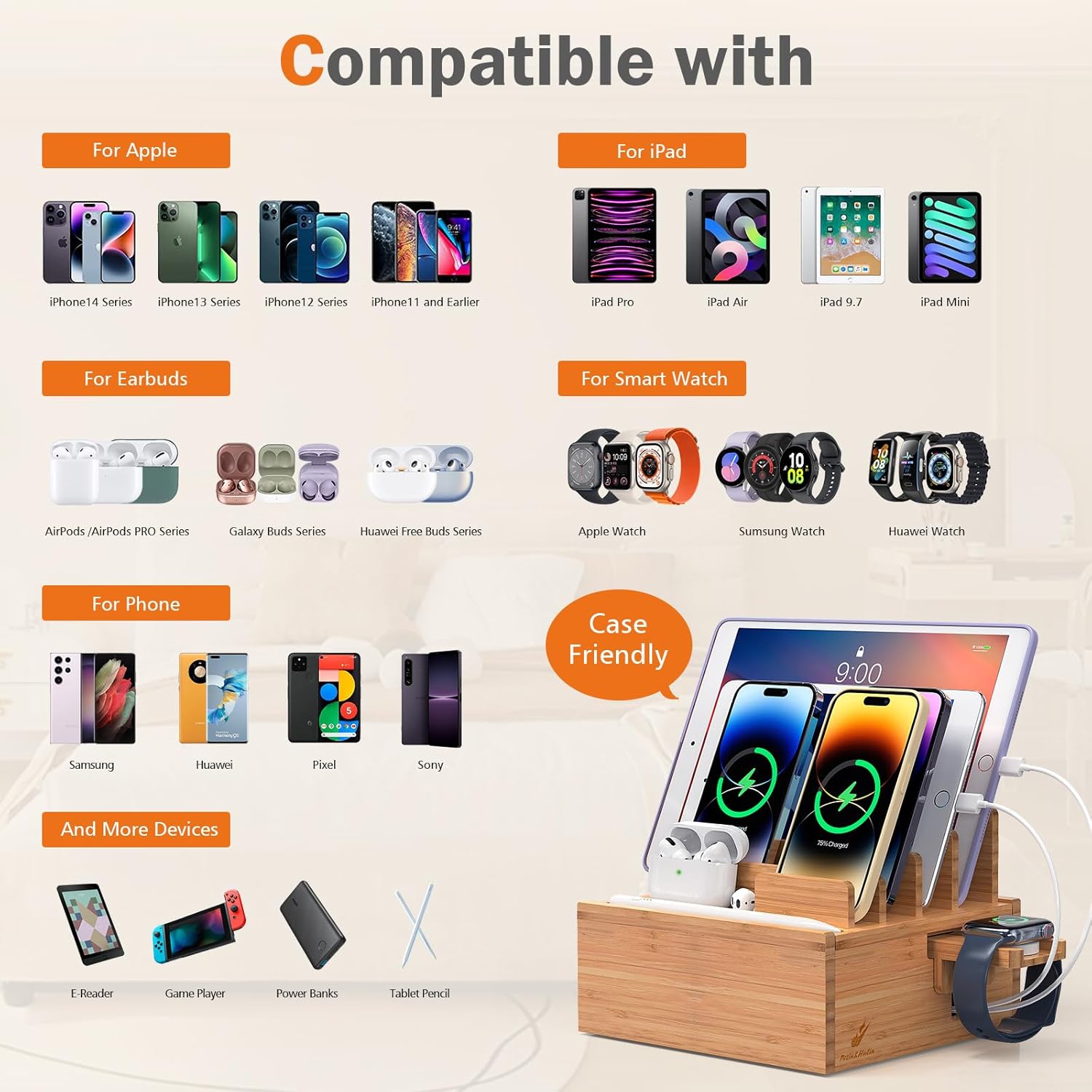 Pezin & Hulin Desktop USB Charging Station with Bamboo Charging Station, Desktop Charger Block, Compatible with Tablet, Cell Phone, Earbuds, Smartwatch