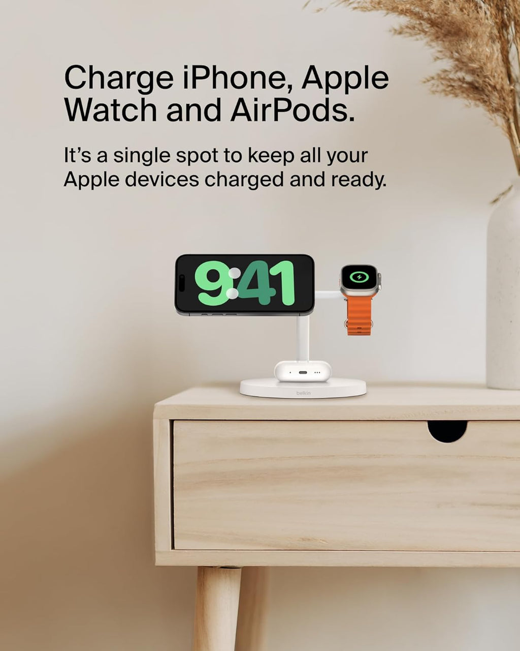Belkin MagSafe-Compatible Charger, 3-in-1 Wireless Charging Station, Qi2-Certified 15W Wireless Charge for Apple iPhone 16 Series, Apple Watch, AirPods w/Non-Slip Base, 40W Included - White