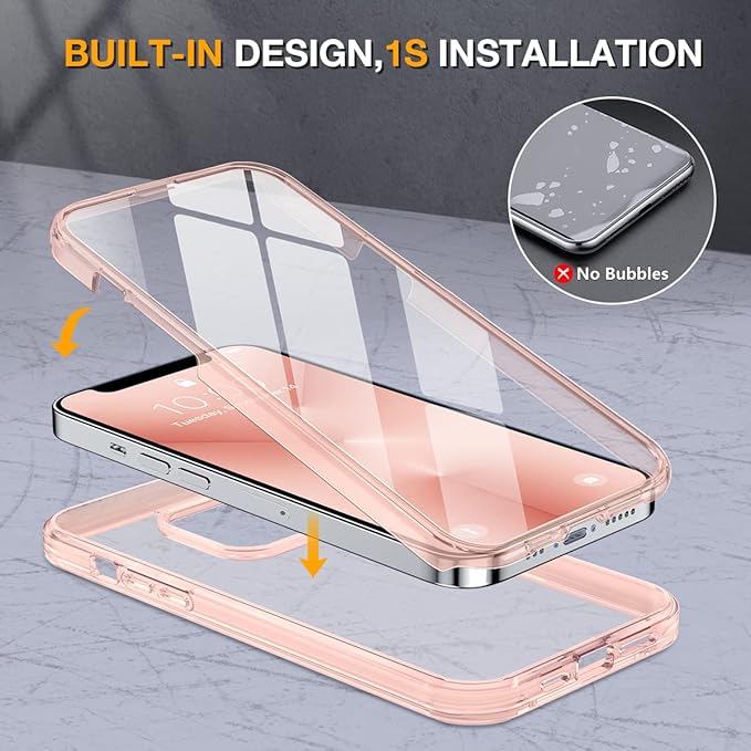 Miracase Glass Case for iPhone 13 Pro Max 6.7 inch, Upgrade Full-Body Clear Bumper Case with Built-in 9H Tempered Glass Screen Protector for iPhone 13 Pro Max, Clear Pink