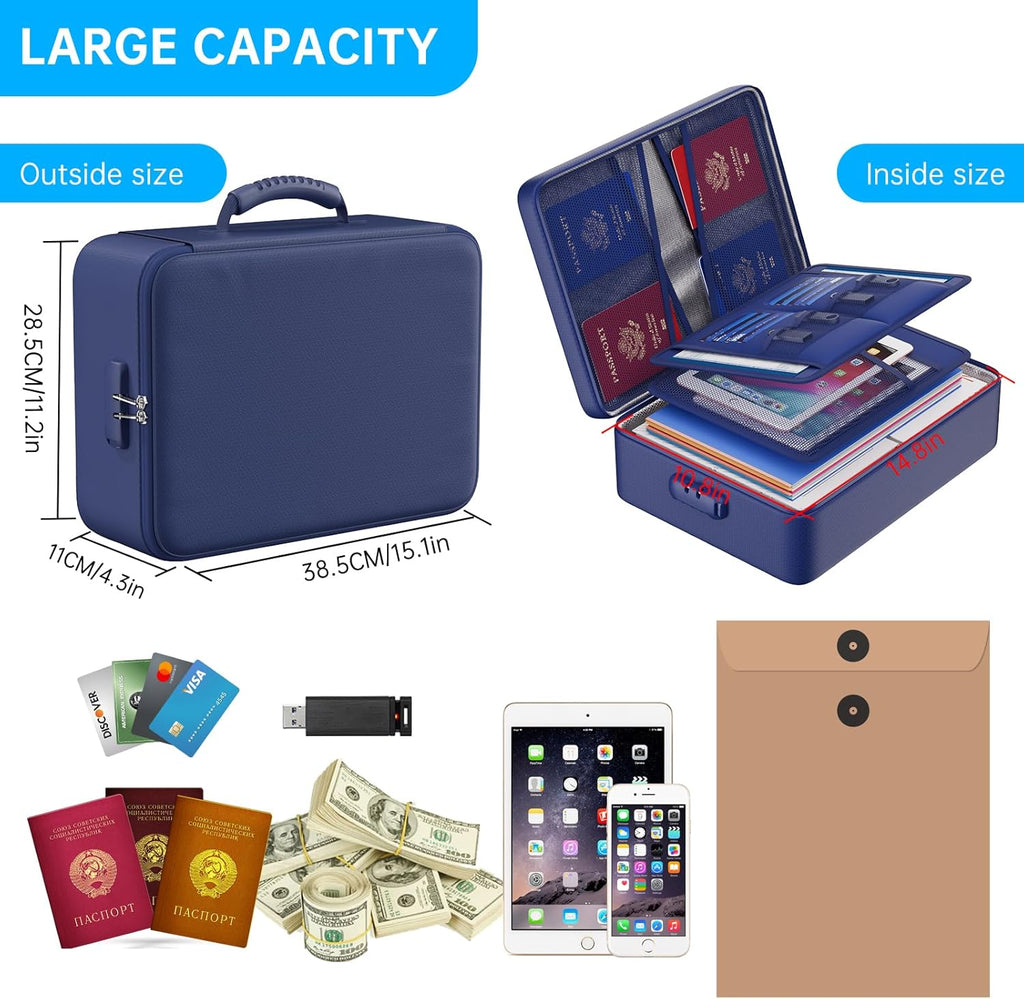 ENGPOW 5200°F Fireproof Document Bag with Lock, Upgraded Heat Insulated Fireproof＆Waterproof Box 8 Layers Document Organizer, Portable Home Travel Safe Storage Box for Important Files, Laptop, Blue