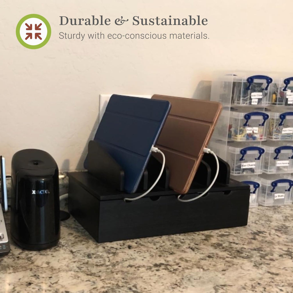 Prosumer's Choice Charging Station for Multiple Devices - 5 Device Charger Organizer for Smartphones and Tablets - Wooden Rack with Removable Dividers - Charging Dock for Work from Home - Black