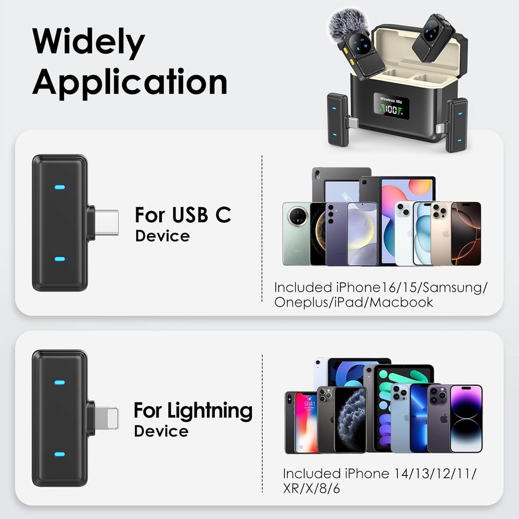 Mini Wireless Lavalier Microphone for iPhone iPad Android with Lightning/USB-C Plug, 80H Work Time Noise Reduction Lapel Mic for Recording, Clip Omni Lav Mic for Video Recording, Tiktok, Youtube, Vlog