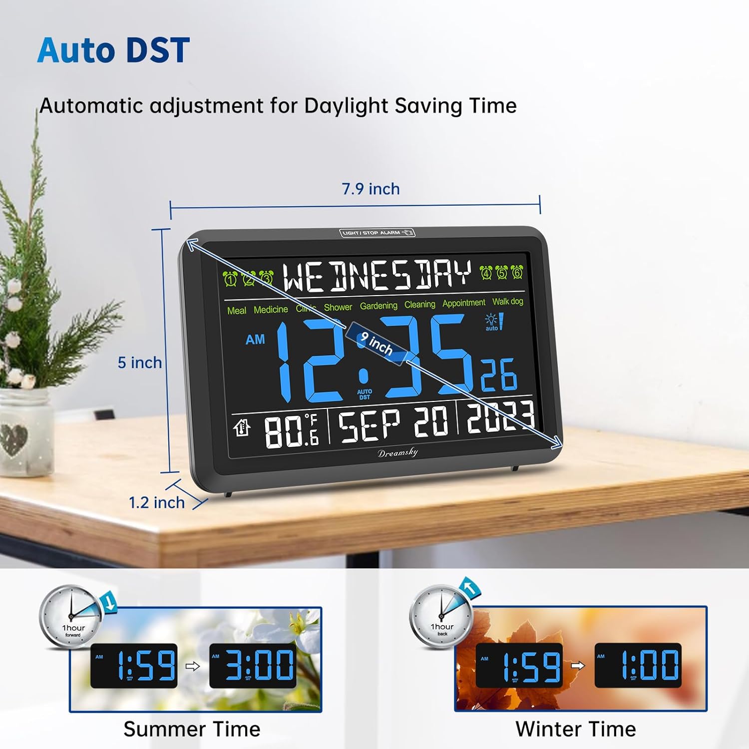DreamSky Digital Clock with Date and Day of Week - Large Calendar Clock for Seniors Elderly, Loud Alarm Clock for Bedroom Desk, Backlight Dimmer, Adjustable Volume, USB Port, Auto DST, Battery Backup