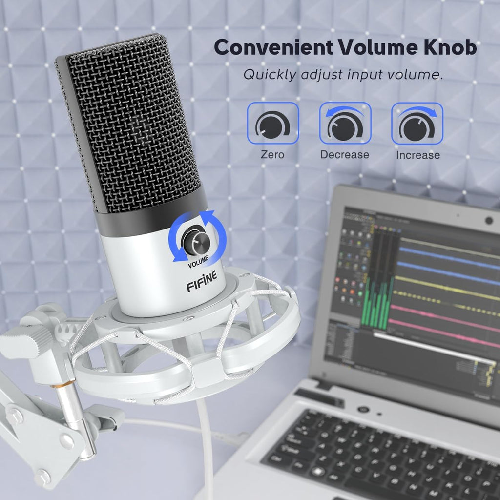 FIFINE USB Recording Microphone Kit, Studio Condenser Microphone for Vocals Music Creation, Voice-Over, Singing with Metal Boom Arm, 16mm Diaphragm, Podcast Mic Set-T669 White