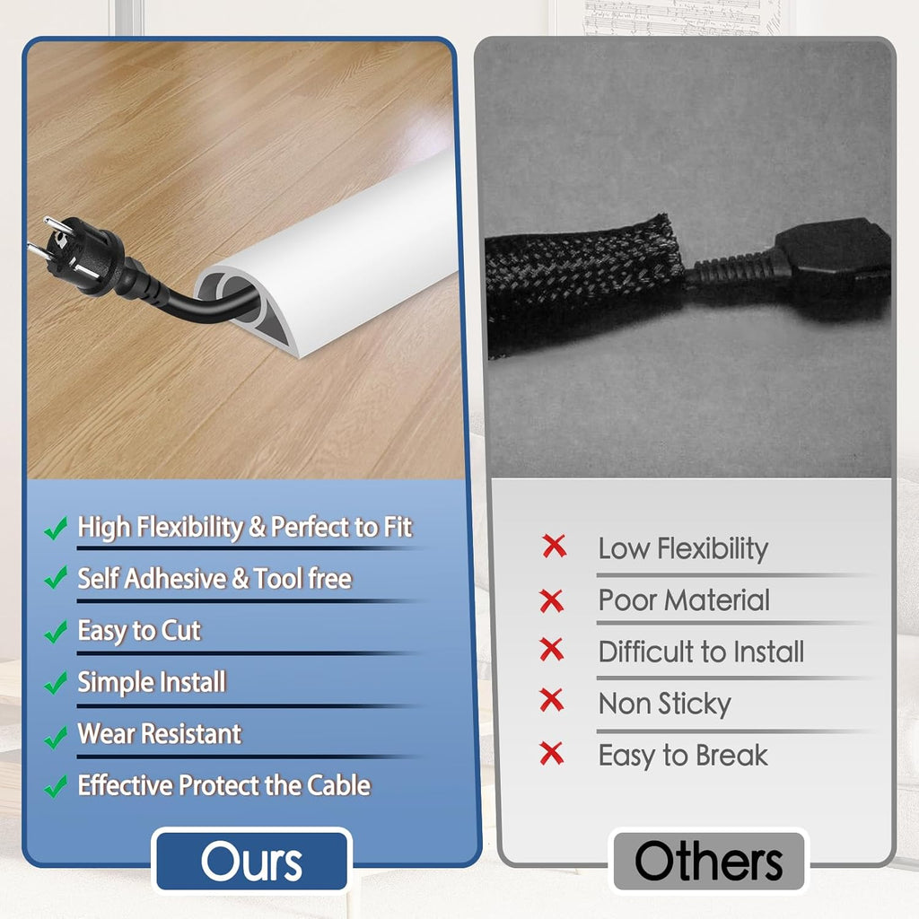 Floor Cord Cover for Wires on Floor Self Adhesive Cord Hider Floor Cable Management Wire Covers for Cords Protector Prevent Cable Trips Cord Cavity W 0.32" x H 0.32", White, 20Ft