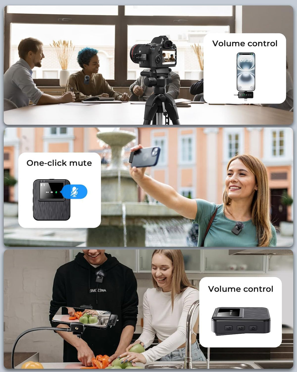3-in-1 Mini Microphone for iPhone, Android, Camera - 328ft Long Range, 20H Battery Life, Wireless Microphones, Lapel Mic with AI Noise Reduction for Video Recording, YouTube, TikTok