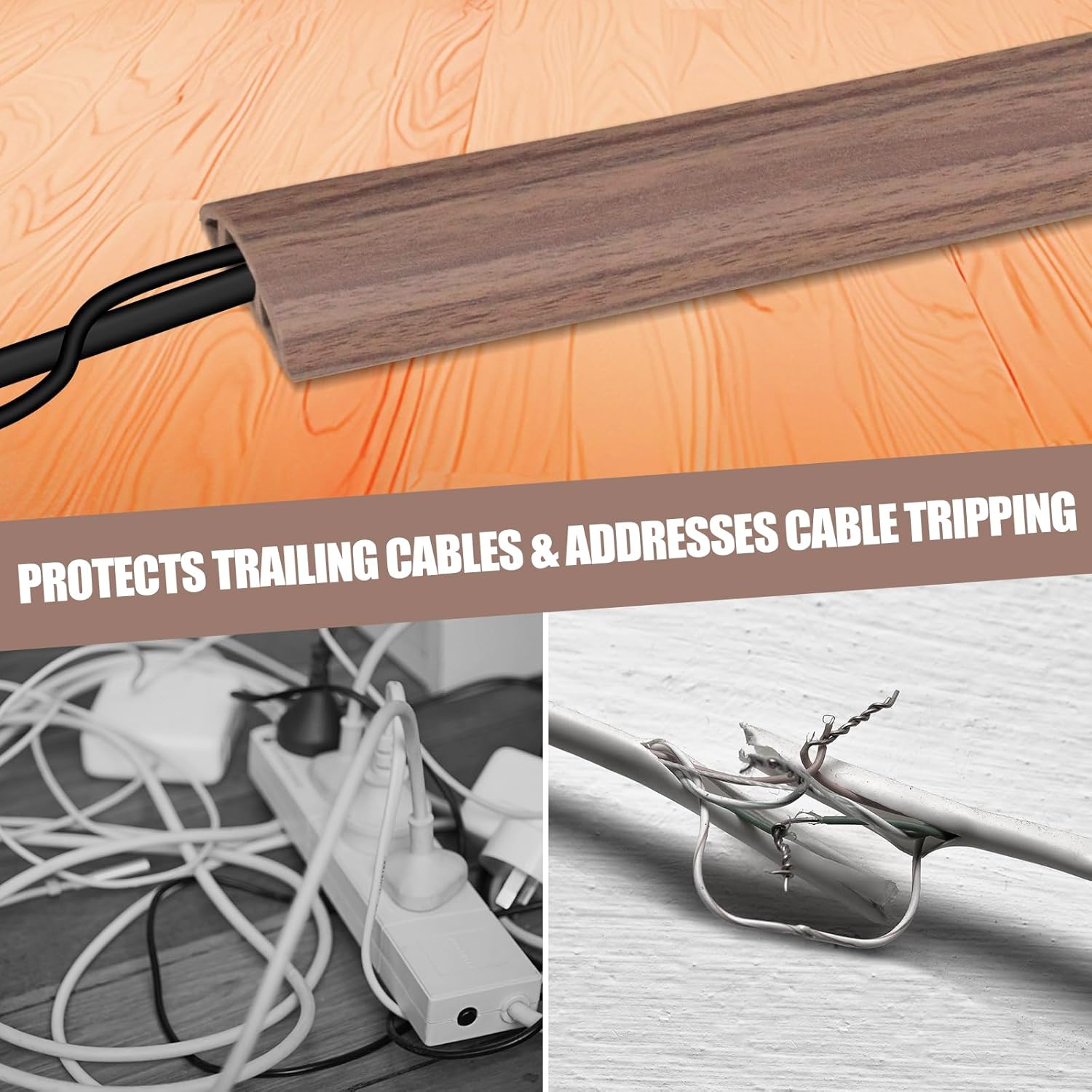 Floor Cord Cover Self Adhesive Cord Hider,3.3FT Cable Management, Extension Strip Protector for Wires, Prevent Cable Trips for Offices, Gyms, Exhibitions Cavity:0.3"(W) x 0.28"(H) Wood Walnut