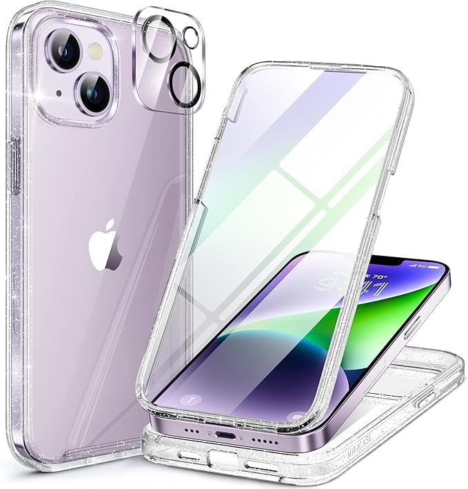Miracase Designed for iPhone 14 Case 6.1 inch, [Built-in Tempered Glass Screen Protector] [Bubble Free] Full-Body Protective Bumper Phone Case with Camera Lens Protector, Clear Glitter