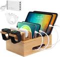 Bamboo Charging Stations for Multi Devices with 5 Port USB Charger, 6 Cables, Desktop Wood Docking Station Charger Organizer for Cell Phones, Tablets,Earphone, Watches