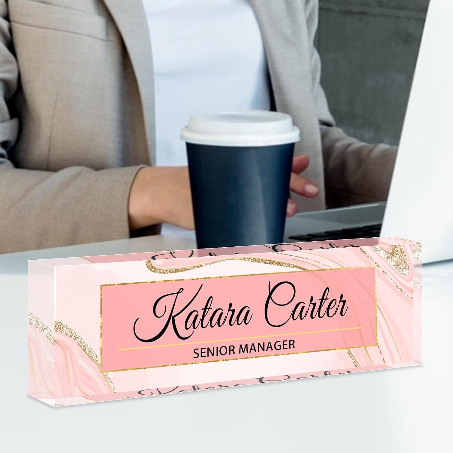 Name Plate for Desk Personalized, Acrylic Desk Decorations, Employee Appreciation Gifts, Custom Office Gifts for Coworkers, Boss, Teacher, Nurse (Pink Gold Marble)