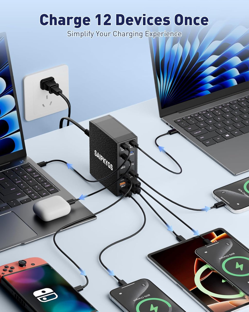 USB Charging Station (600W),12-Port USB C Charger Block with Dual 100W PD USB-C Fast Charging Station Hub for MacBook Pro/Air/All iPad Phone 17/16 15/14/13/Pro Max/Samsung Galaxy Note (Black)