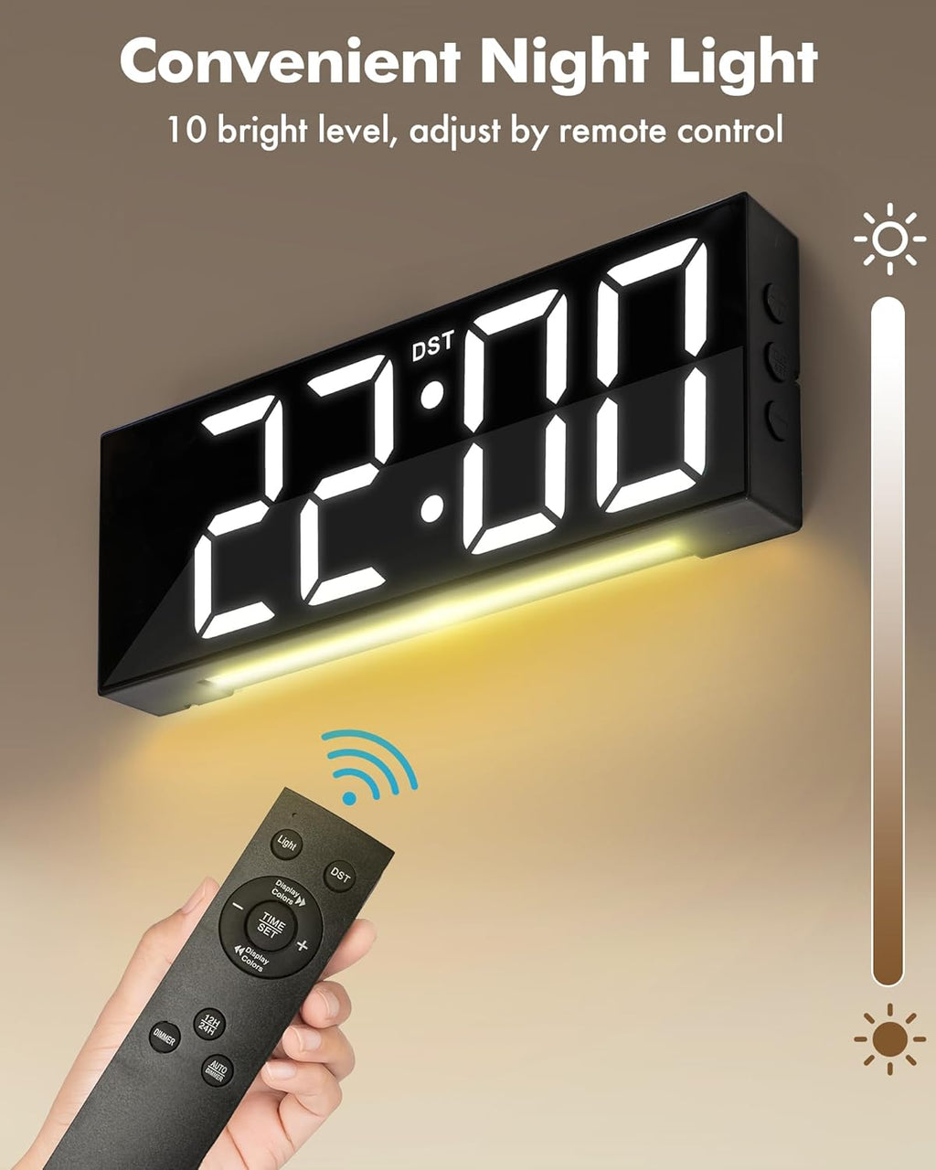 Alampan 12" Large Digital Wall Clock with Remote Control, RGB LED Clock with Full Screen Display, Big Numbers, for Classroom, Living Room, Elderly, Wall Mounted, DST, KSJ-01, Black