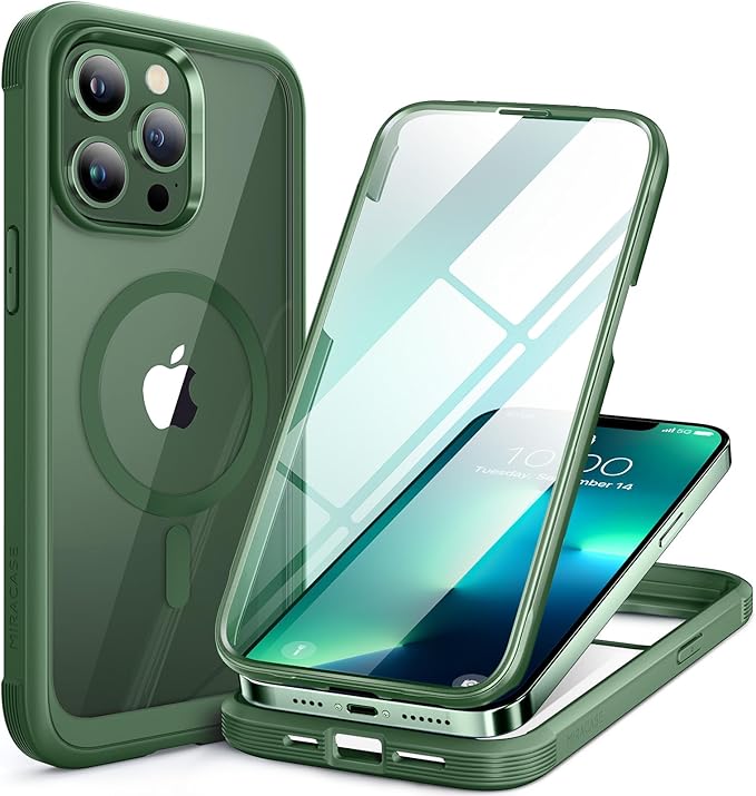 Miracase Magnetic Glass for iPhone 13 Pro Case,Compatible with MagSafe,Full-Body Bumper with Shockproof Military-Grade,Built-in 9H Tempered Glass Screen Protector for iPhone 13 Pro,Acacia Green