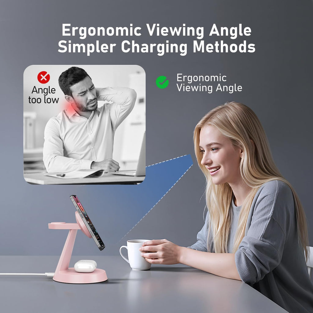 3 in 1 Wireless Charging Station for Apple Mag-Safe 15W Fast Charger Stand for Multiple Apple Devices Magnetic Charger for iPhone 16/15/14/13/12 Series, AirPods, iWatch Series(Pink)