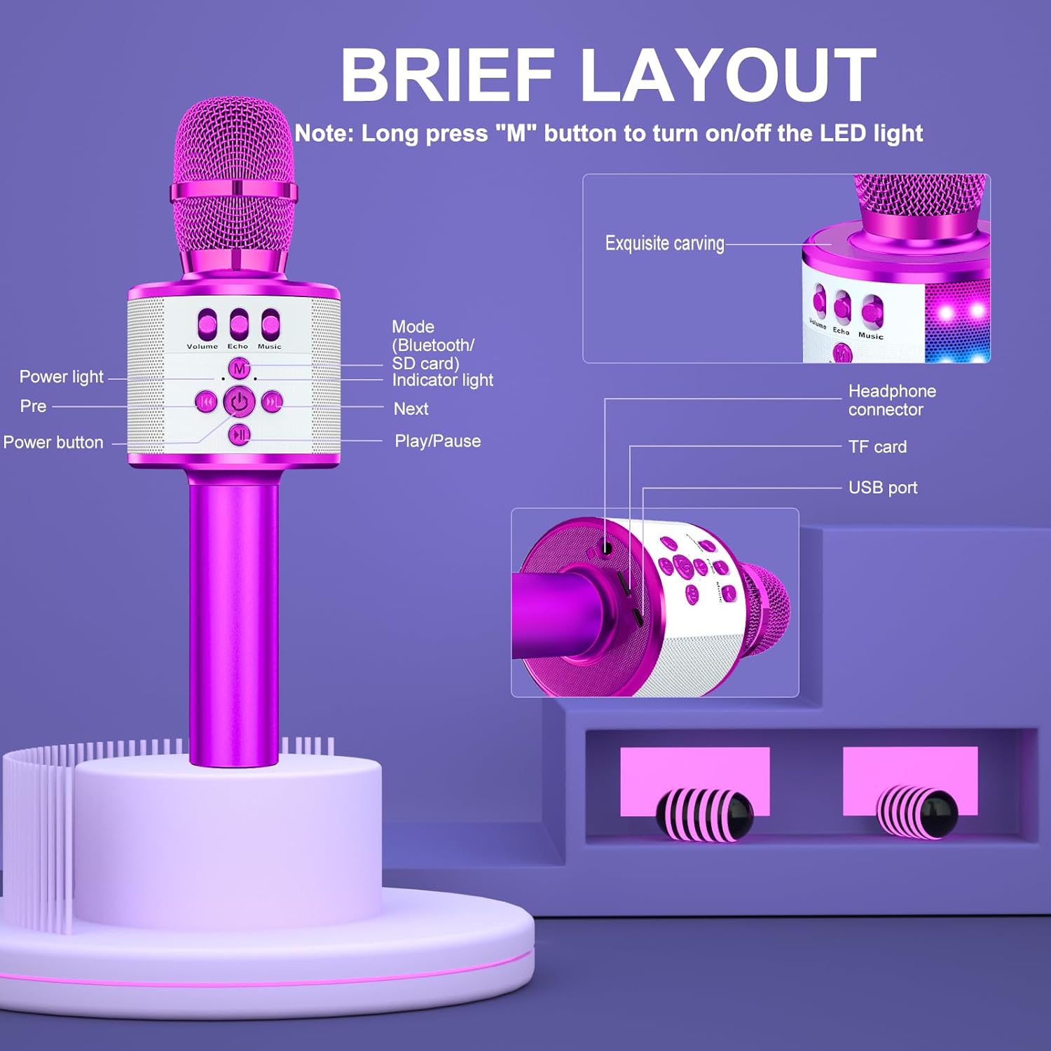 BONAOK Karaoke Microphone for Kids & Adults - Bluetooth Microphones Singing Mic with Disco Lights, Echo Effect, Built-in Speaker Portable Karaoke Player for Party Travel Gifts Q78(Purple)