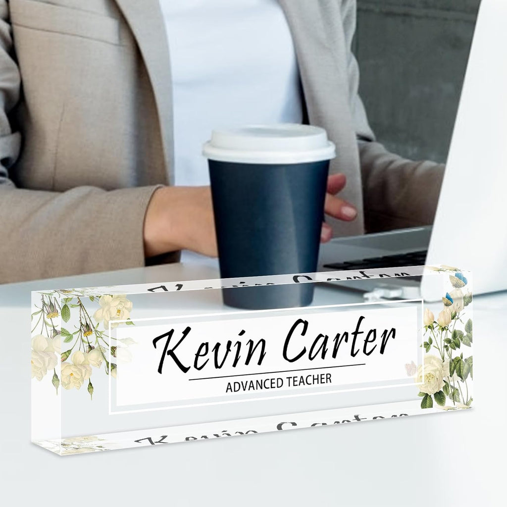 Name Plate for Desk Personalized, Acrylic Desk Decorations, Employee Appreciation Gifts, Custom Office Gifts for Coworkers, Boss, Teacher, Nurse (White Flowers)