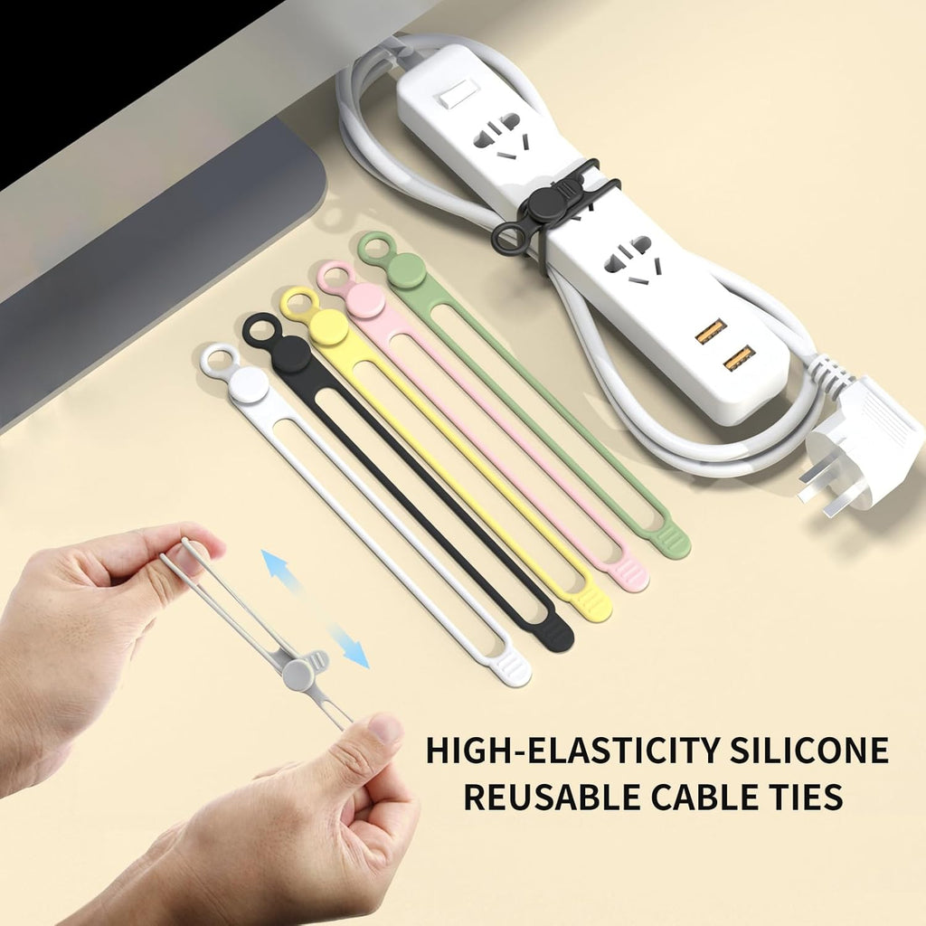 Silicone Cable Straps, 10pcs Extra-Long Reusable Hanging Organizer for Cables, Kitchen, Home, School (Black & White)