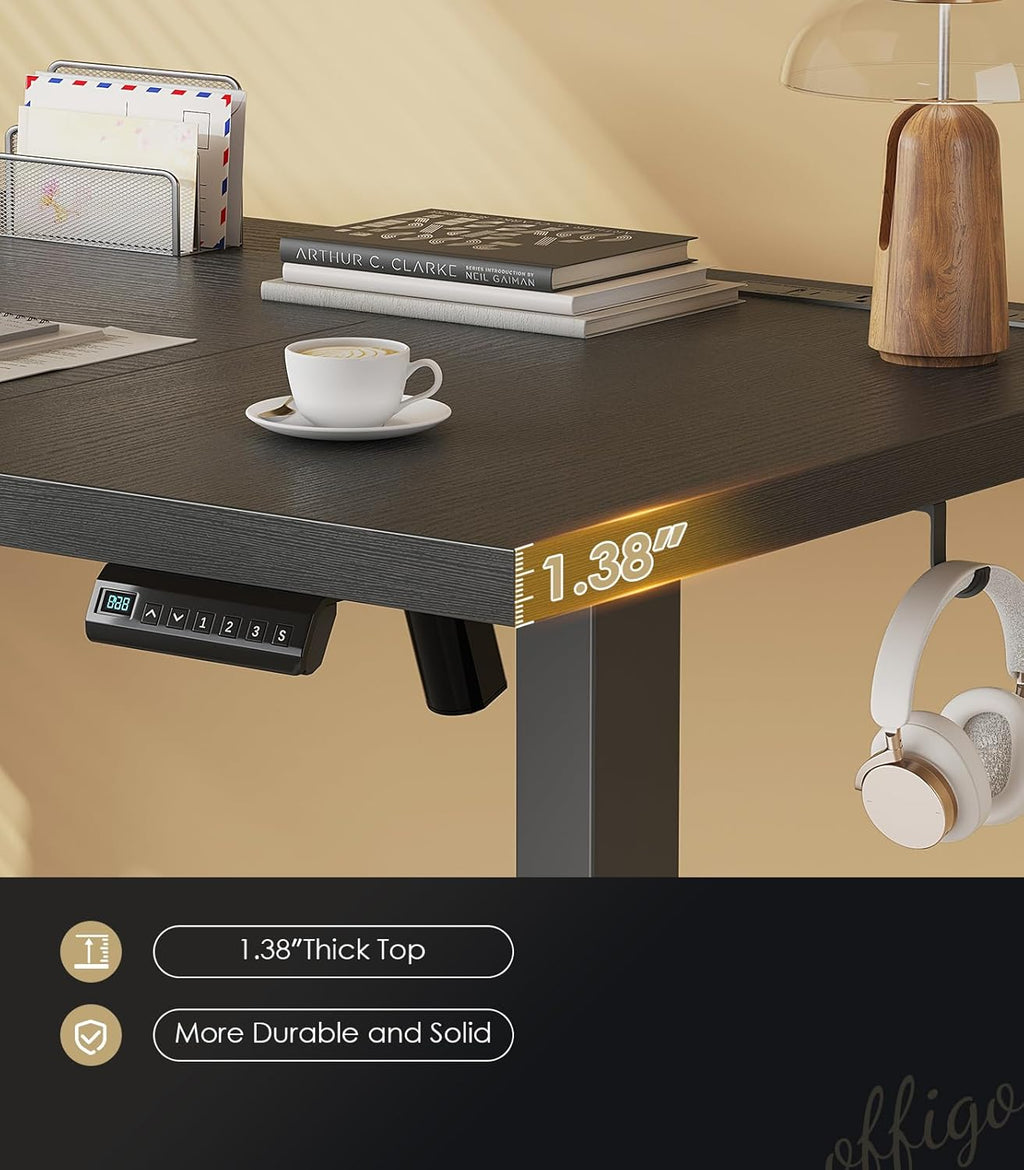 OffiGo Electric Standing Desk with 3-Piece Board, 79 Inch Height Adjustable Large Desk with Power Outlets, Sit Stand Table, Writing Computer Desk for Home, Office, Workstation, Black