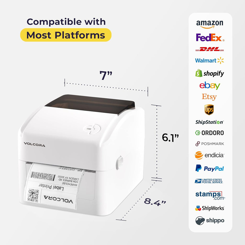 Volcora Thermal Label Printer with Ethernet/USB - Desktop 4x6 Shipping Label Printer, Compatible with Windows, Linux, Mac - Ideal for Small Business, Inkless Printer for Shipping Packages (White)