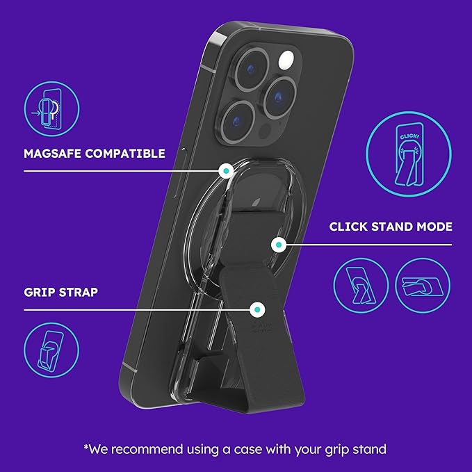 CLCKR for MagSafe Phone Grip for MagSafe Kickstand Compatible with Mag Safe Finger Loop, 3-in1 Phone Ring Holder Strap for Mag Safe iPhone 16/15/14/13/12 Series, Galaxy S25/S24/S23/S22, Pixel - Black