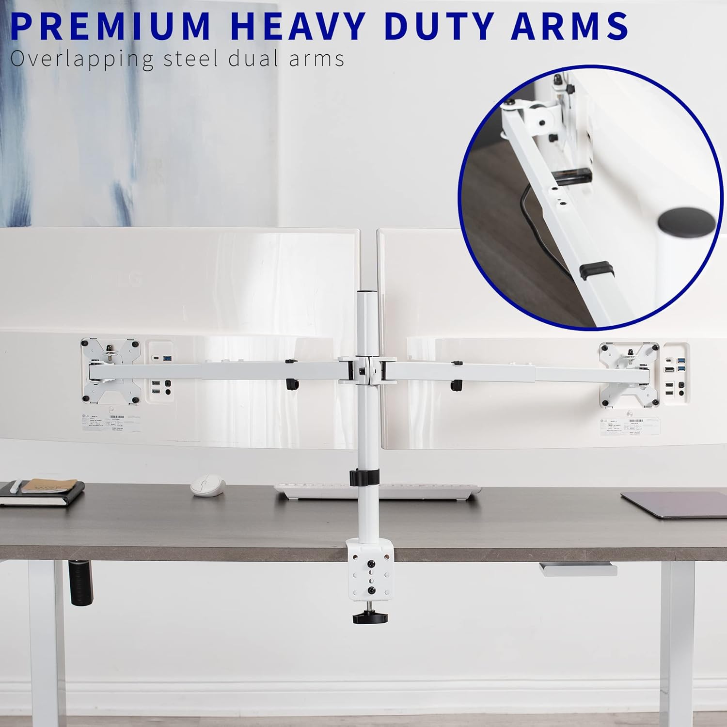 VIVO Premium Dual Ultra Wide LCD LED 27 to 38 inch Monitor Desk Mount, Heavy Duty, Adjustable Telescoping Arms, Flush Wall Setup, Fits 2 Screens, White, STAND-TS38CW
