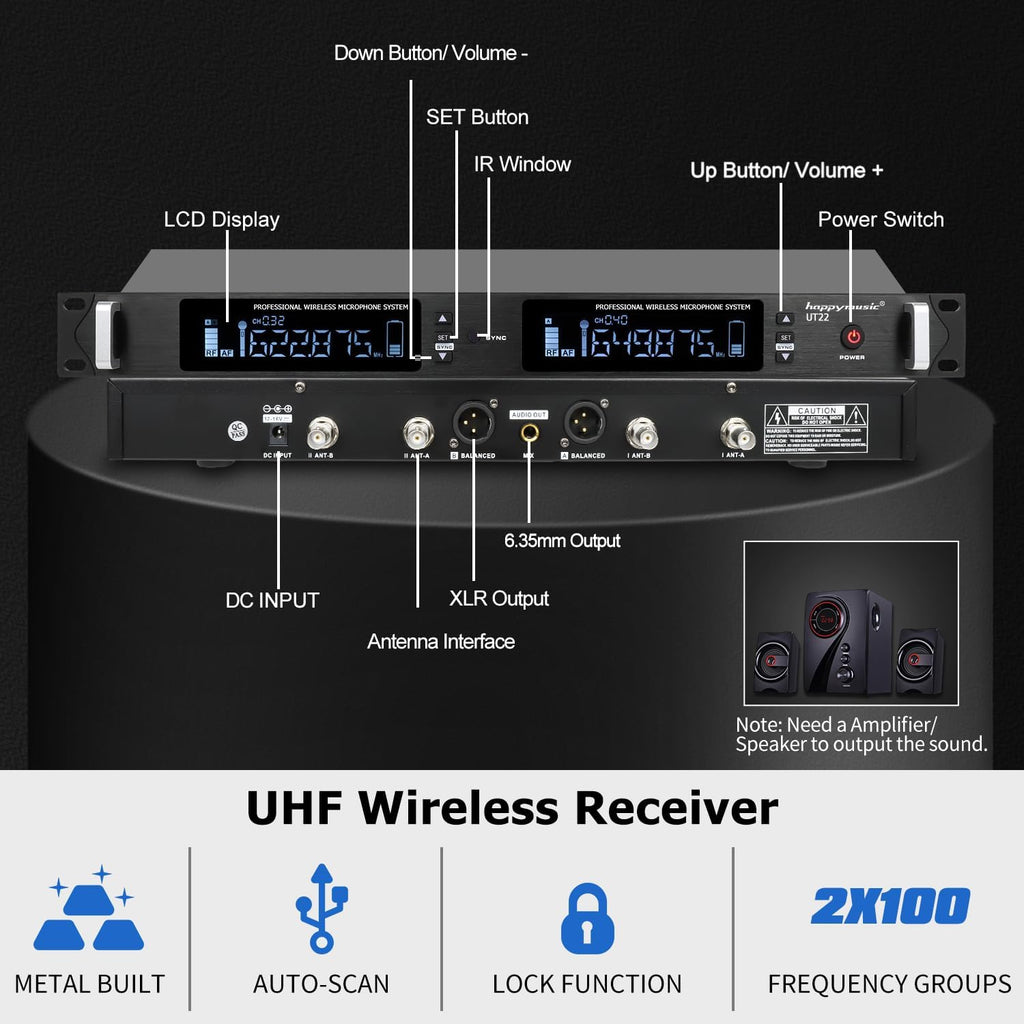 Professional UHF Wireless Microphone System, 2 Channel Metal Microphone Set of 2 Handheld Cordless Mics, Auto Scan,2*100 Frequenciens,Up to 350ft for Singing, Karaoke, Church, Wedding (UT22)