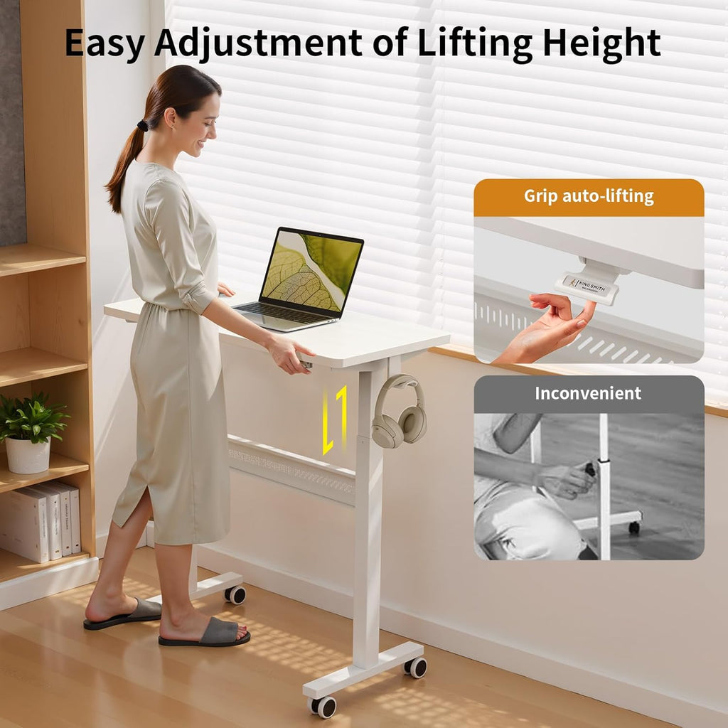 Mobile Walking Pad Desk with Wheels, Pneumatic Small Rolling Standing Desk Riser Height Adjustable (28-43.7") for Treadmill, Portable Computer Table for Home Office, White