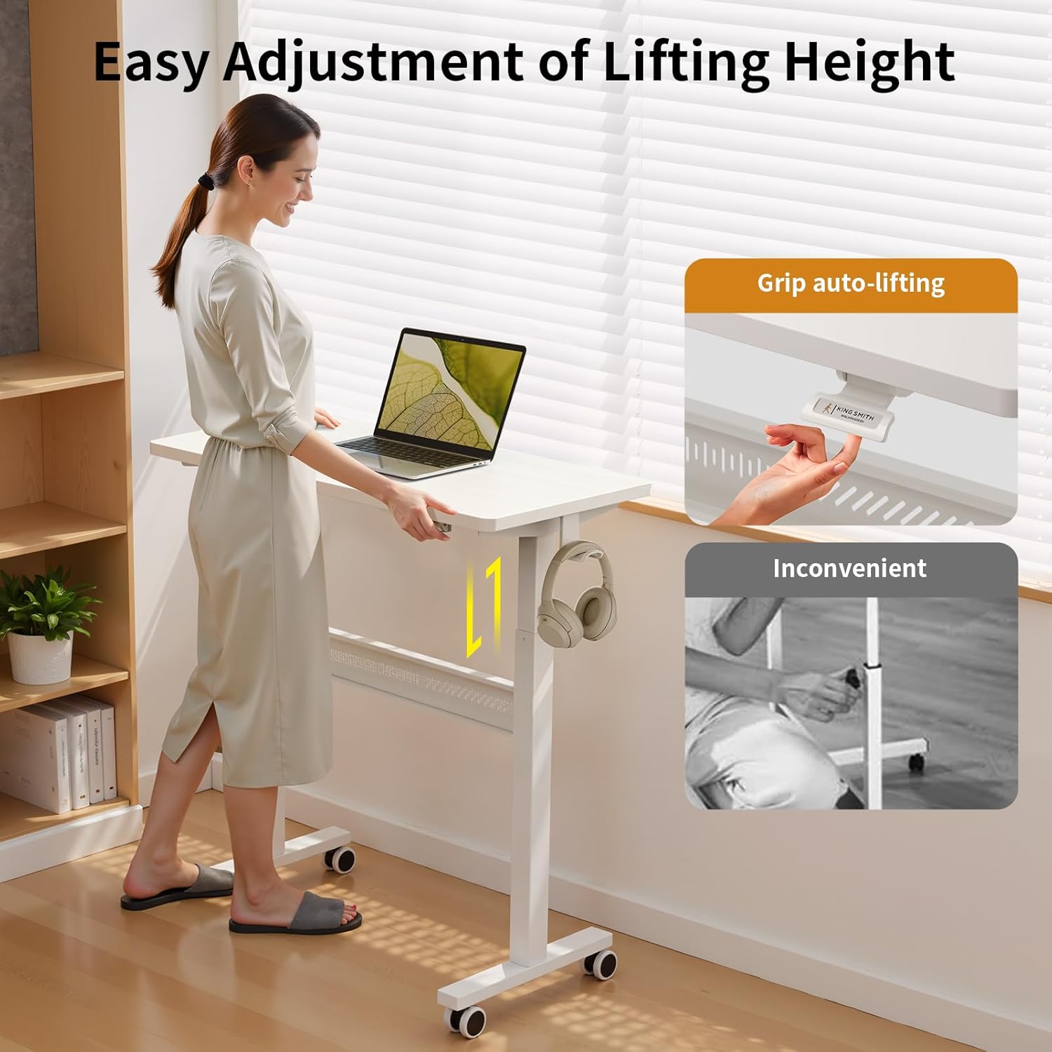 Mobile Walking Pad Desk with Wheels, Pneumatic Small Rolling Standing Desk Riser Height Adjustable (28-43.7") for Treadmill, Portable Computer Table for Home Office, White